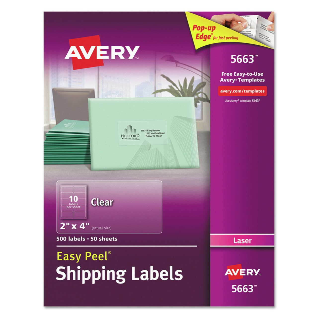 Avery 2 in. x 4 in. Matte Clear Easy Peel Mailing Labels with Sure Feed Technology for Laser Printers - Clear (10/Sheet, 50 Sheets/Box)